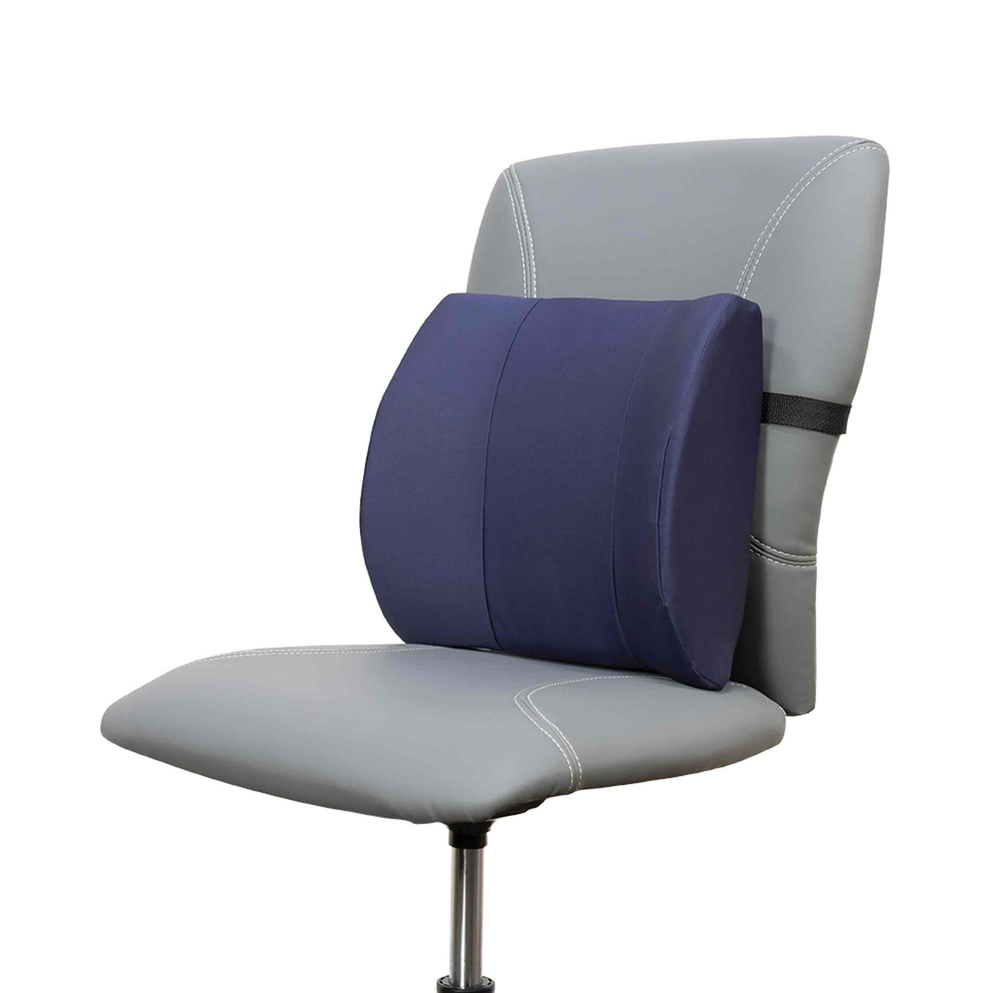A navy blue lumbar support cushion mounted on the backrest of a light gray office chair, shown against a plain white background.
