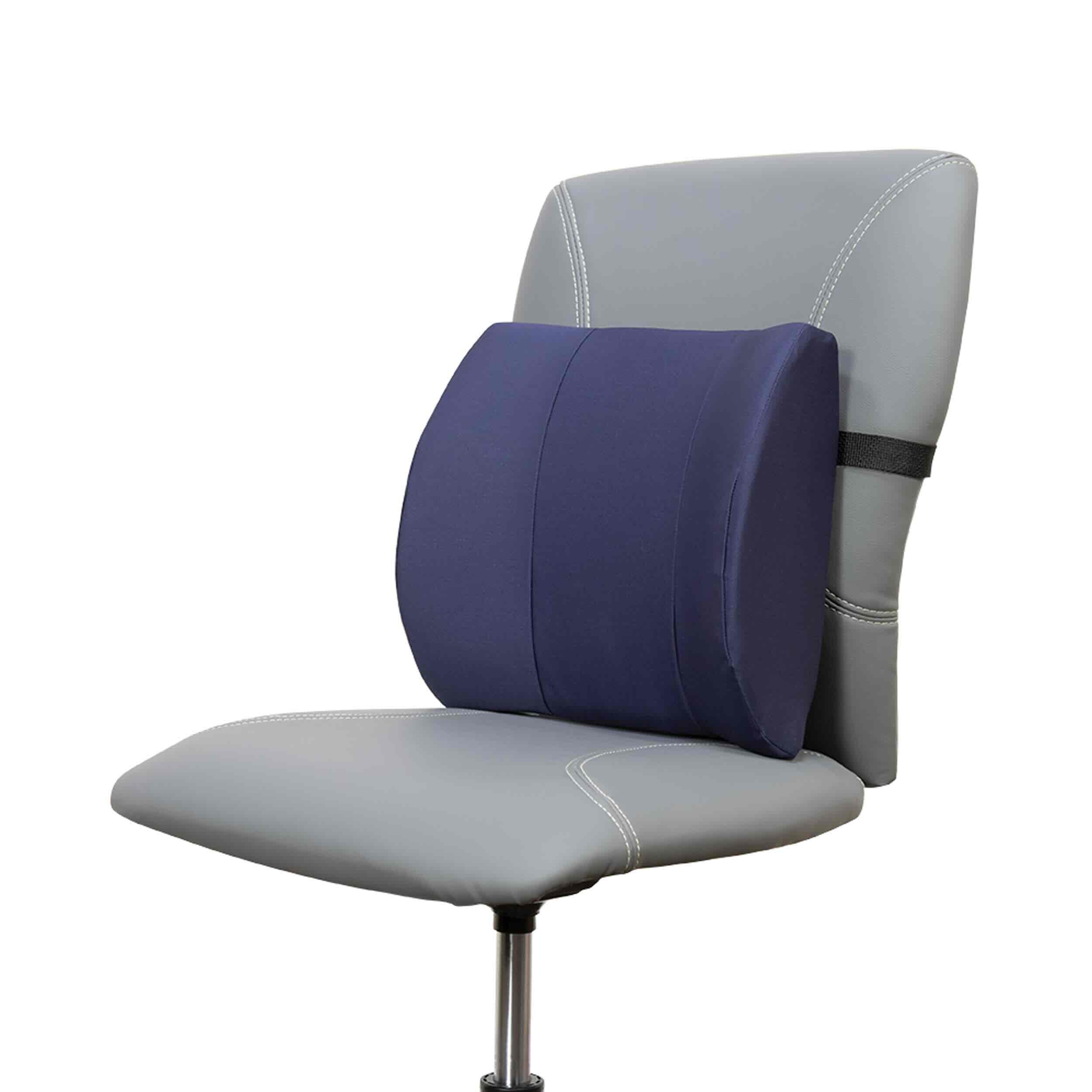 A navy blue lumbar support cushion mounted on the backrest of a light gray office chair, shown against a plain white background.