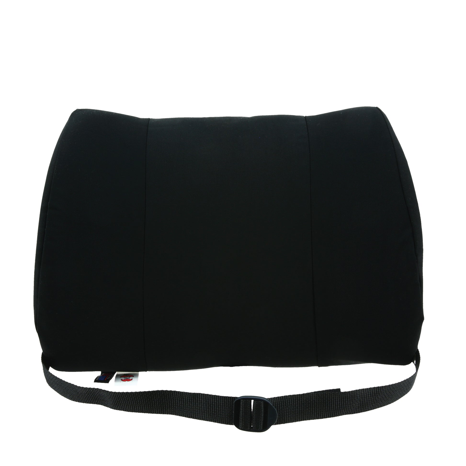 A black lumbar cushion with an adjustable black webbing strap and plastic buckle, shown against a plain white background.