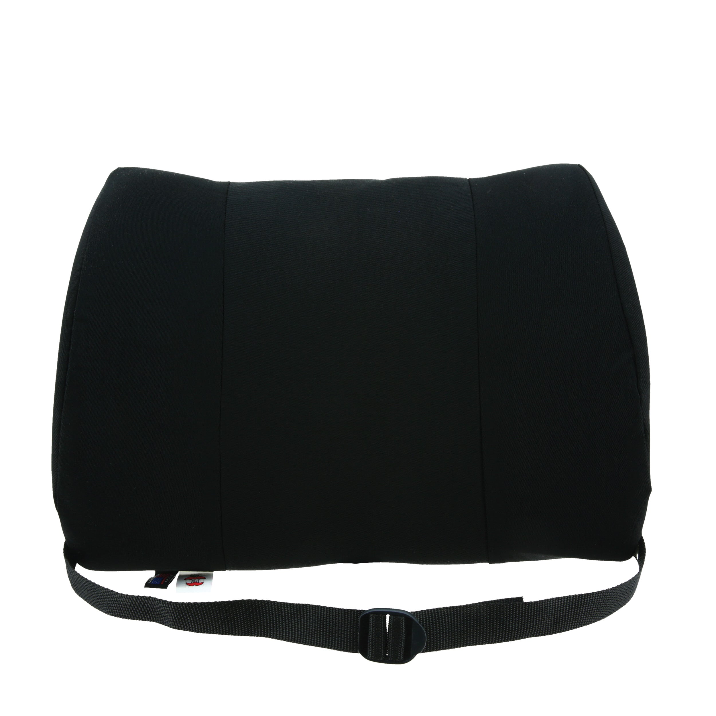 A black lumbar cushion with an adjustable black webbing strap and plastic buckle, shown against a plain white background.