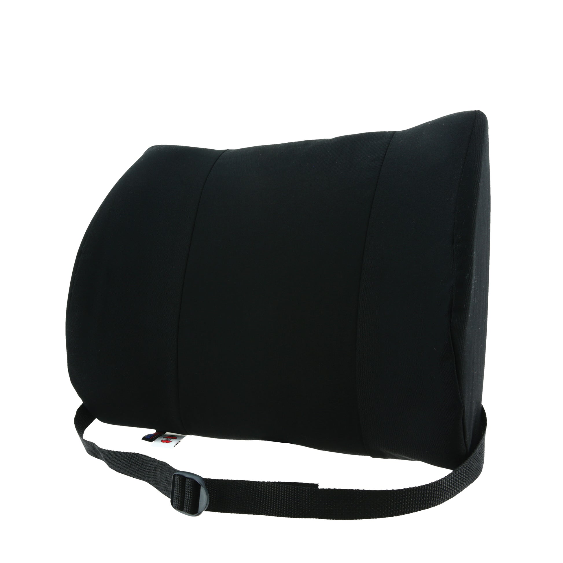A black lumbar support pillow with an adjustable black webbing strap and plastic buckle, shown on a solid white background.