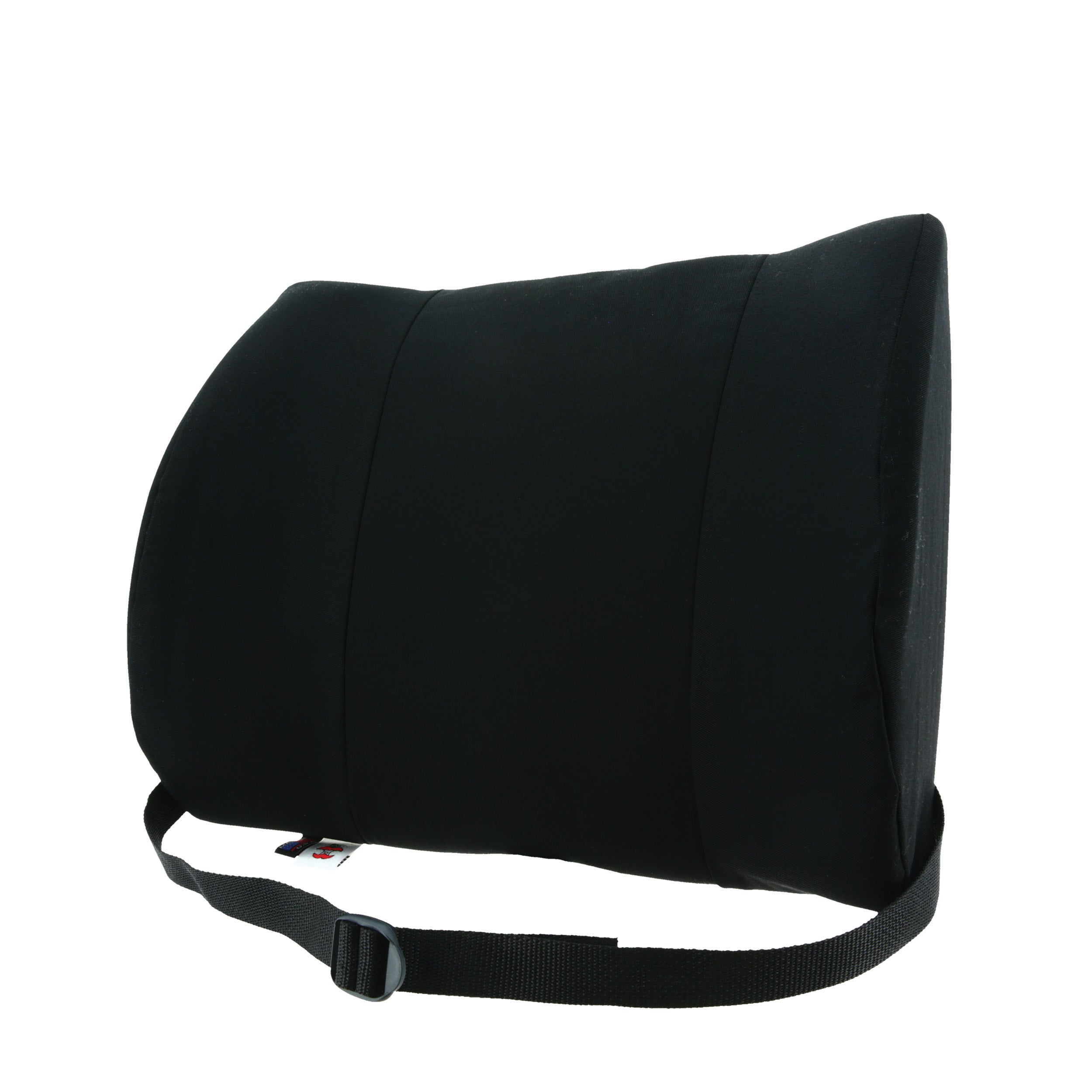 A black lumbar support pillow with an adjustable black webbing strap and plastic buckle, shown on a solid white background.