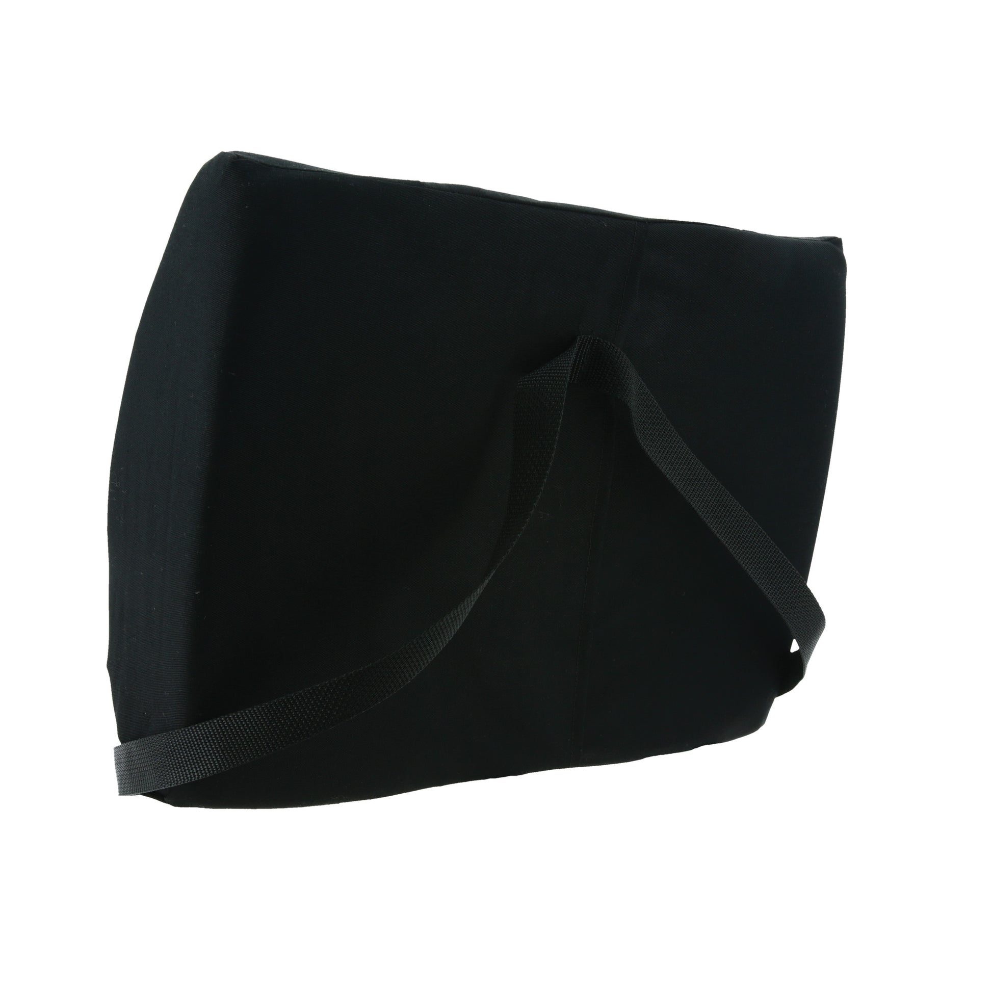 A black lumbar cushion with a long shoulder strap, shown on a plain white background.