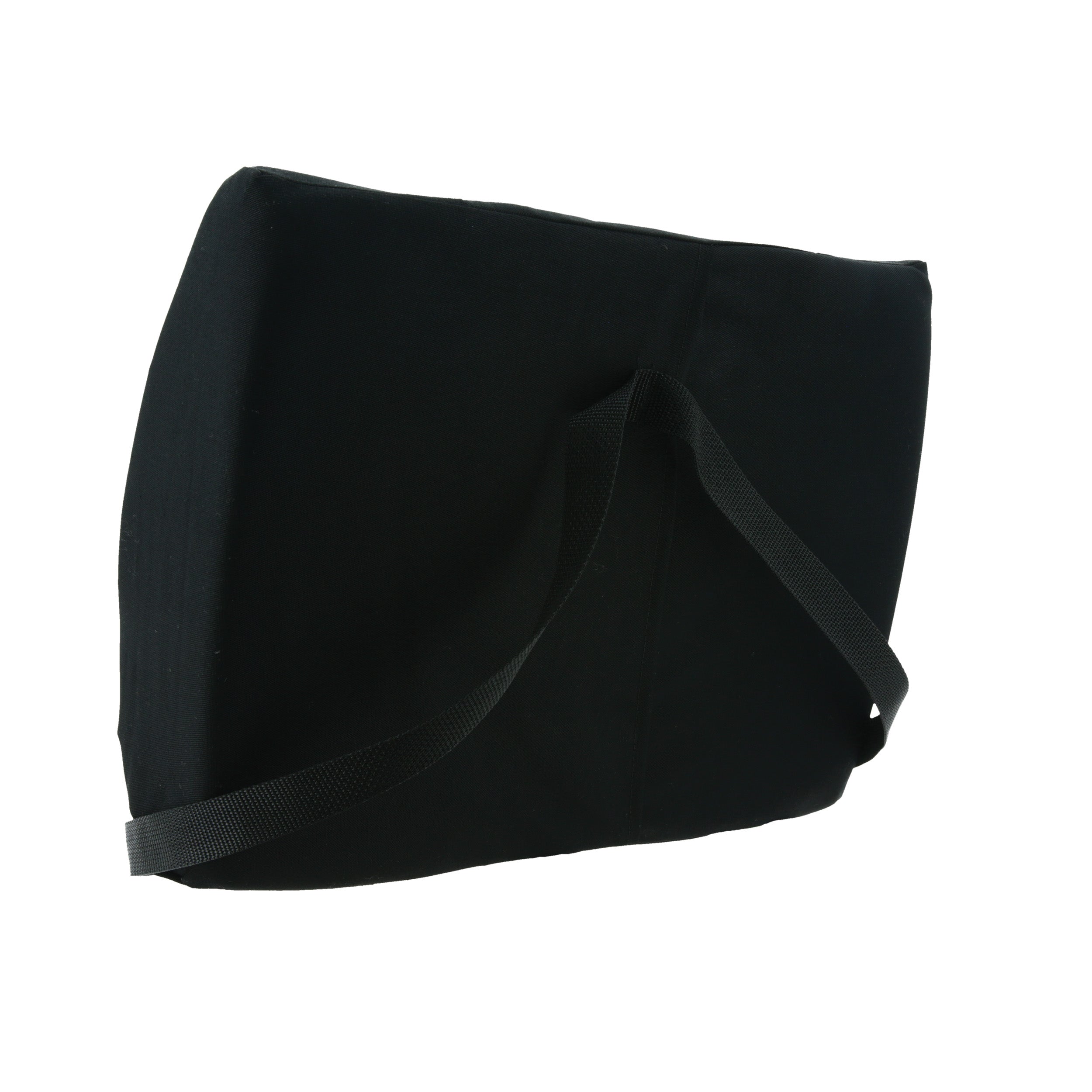A black lumbar cushion with a long shoulder strap, shown on a plain white background.
