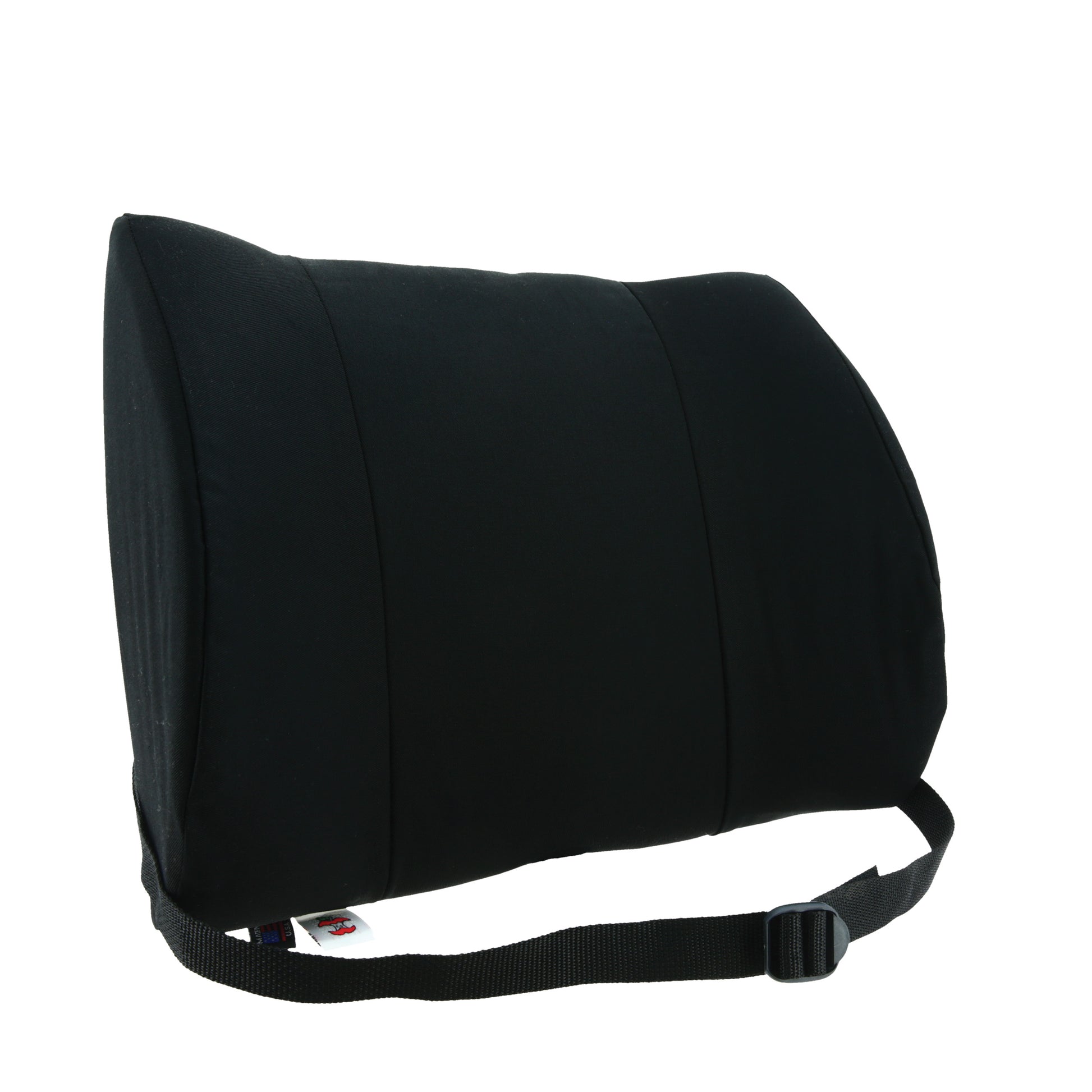 A black curved lumbar support pillow with an adjustable black webbing strap and plastic buckle, shown on a plain white background.