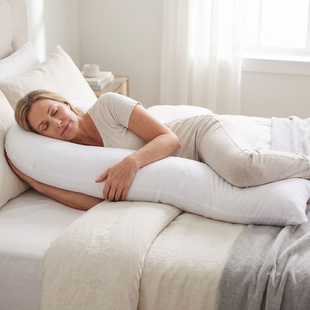 A woman sleeping peacefully on a bed using a white j-shaped body pillow, dressed in light beige loungewear. The bedroom is softly lit with natural light from a window, featuring neutral-toned bedding and a bedside table.