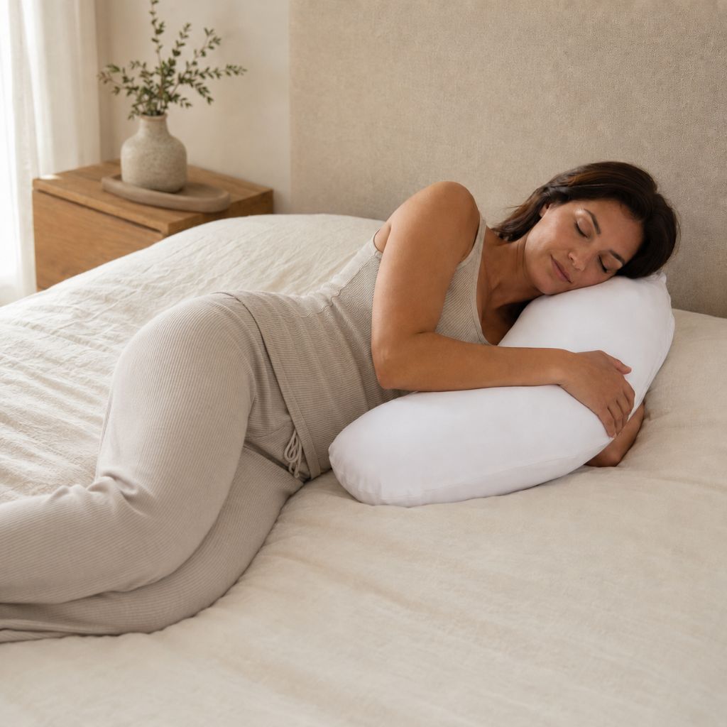 A woman rests on a bed with white bedding, hugging a white oval pillow. She is wearing light beige lounge pants and a matching top.