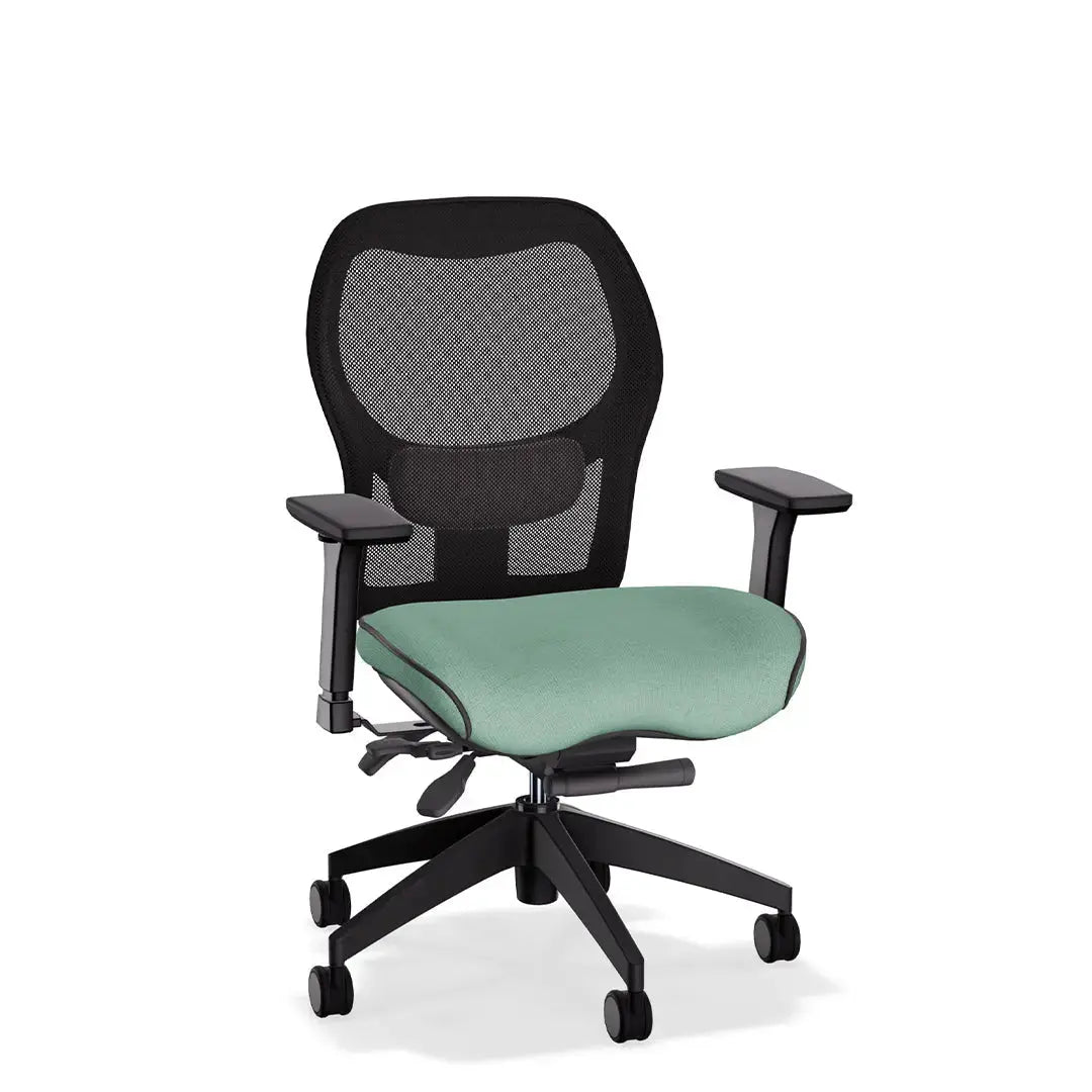 This ergonomic office chair pairs a breathable mesh back with a supportive, contoured seat upholstered in Viridian fabric—a soft, refreshing shade of green. With intuitive adjustments and a modern silhouette, it’s ideal for all-day comfort in any workspace.