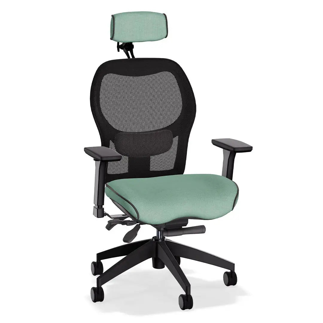 This ergonomic office chair pairs a breathable mesh back with a supportive, contoured seat upholstered in Viridian fabric—a soft, refreshing shade of green. With intuitive adjustments and a modern silhouette, it’s ideal for all-day comfort in any workspace.