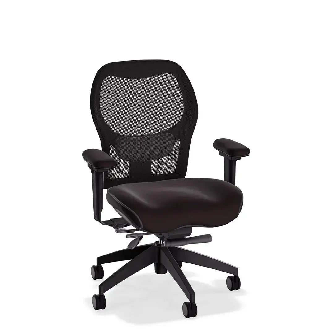 This deluxe ergonomic office chair features a breathable mesh backrest and contoured Tribeca black leather seat and armrests. With its supportive lumbar design and adjustable functionality, it offers all-day comfort in a sleek, professional form.