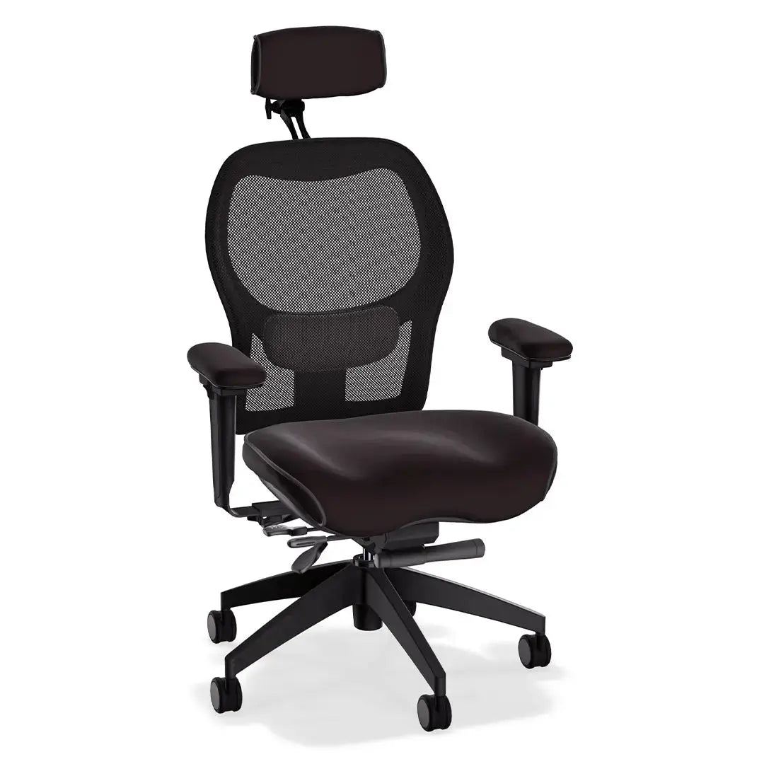 This deluxe ergonomic office chair features a breathable mesh backrest and contoured Tribeca black leather seat and armrests. With its supportive lumbar design and adjustable functionality, it offers all-day comfort in a sleek, professional form.