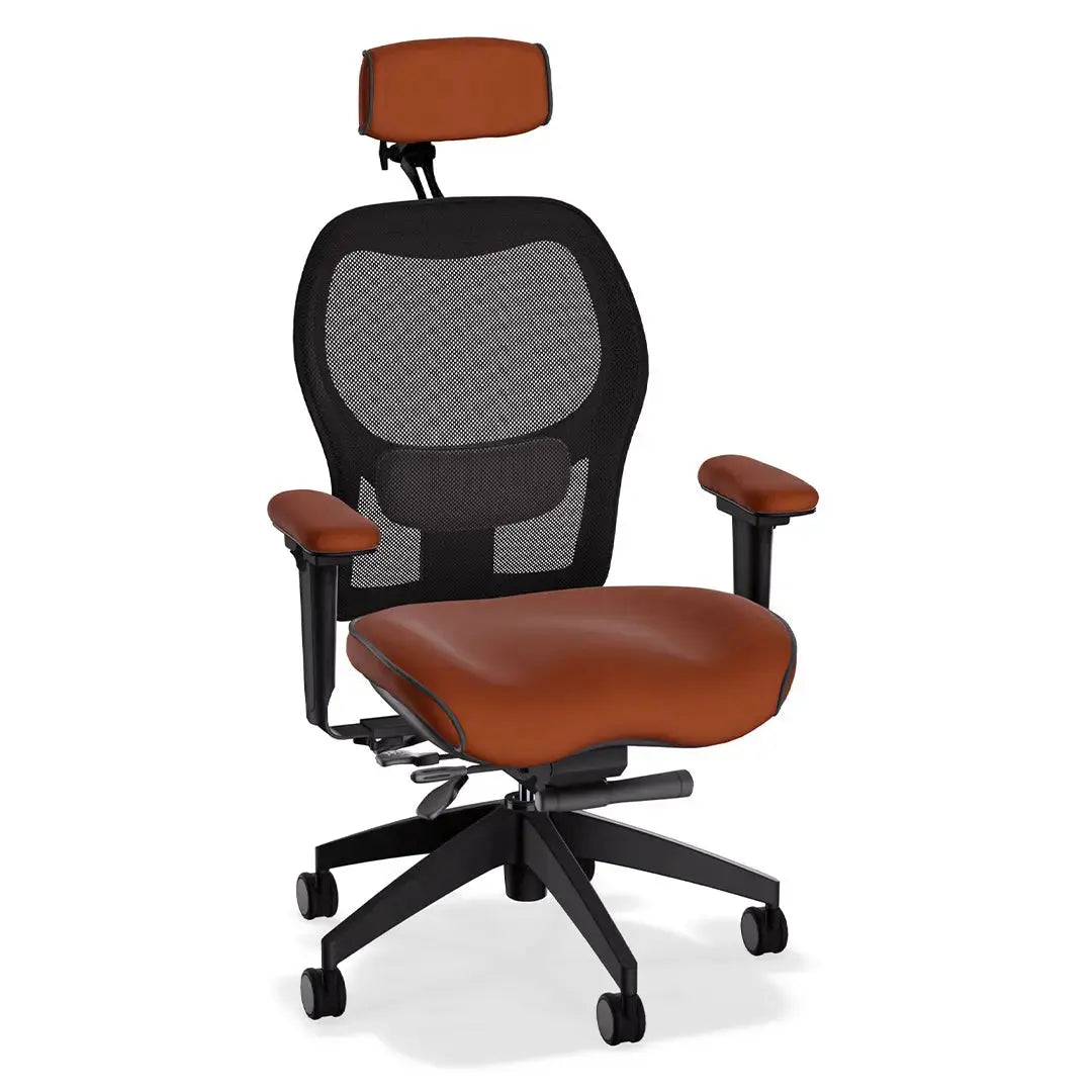 This deluxe ergonomic office chair features a breathable mesh backrest and contoured Tribeca chestnut leather seat and armrests. With its supportive lumbar design and adjustable functionality, it offers all-day comfort in a sleek, professional form.
