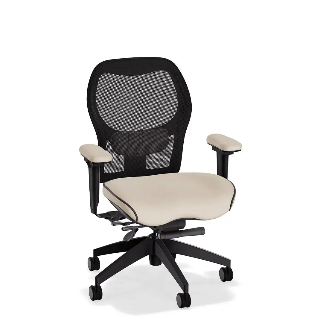 This deluxe ergonomic office chair features a breathable mesh backrest and contoured Tribeca cream leather seat and armrests. With its supportive lumbar design and adjustable functionality, it offers all-day comfort in a sleek, professional form.