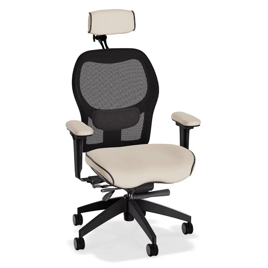 This deluxe ergonomic office chair features a breathable mesh backrest and contoured Tribeca cream leather seat and armrests. With its supportive lumbar design and adjustable functionality, it offers all-day comfort in a sleek, professional form.