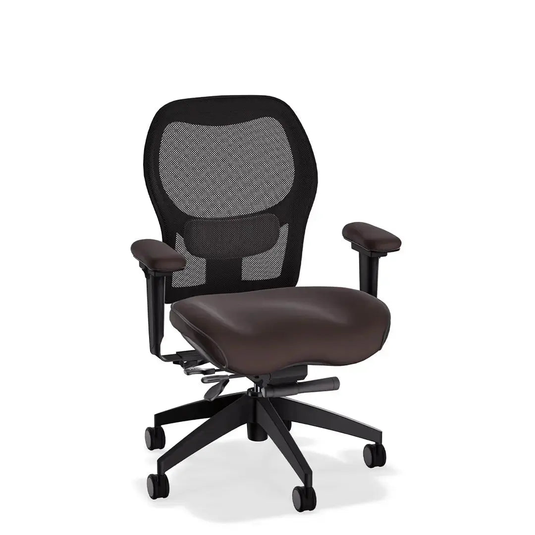 This deluxe ergonomic office chair features a breathable mesh backrest and contoured Tribeca espresso leather seat and armrests. With its supportive lumbar design and adjustable functionality, it offers all-day comfort in a sleek, professional form.