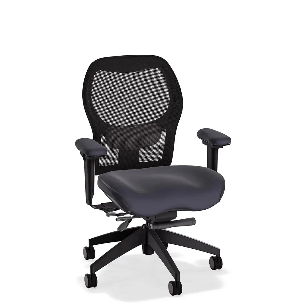This deluxe ergonomic office chair features a breathable mesh backrest and contoured Tribeca dark grey leather seat and armrests. With its supportive lumbar design and adjustable functionality, it offers all-day comfort in a sleek, professional form.