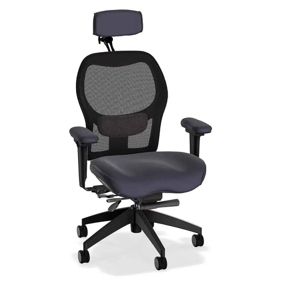This deluxe ergonomic office chair features a breathable mesh backrest and contoured Tribeca dark grey leather seat and armrests. With its supportive lumbar design and adjustable functionality, it offers all-day comfort in a sleek, professional form.