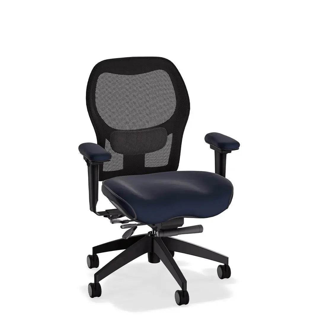 This deluxe ergonomic office chair features a breathable mesh backrest and contoured Tribeca dark blue leather seat and armrests. With its supportive lumbar design and adjustable functionality, it offers all-day comfort in a sleek, professional form.