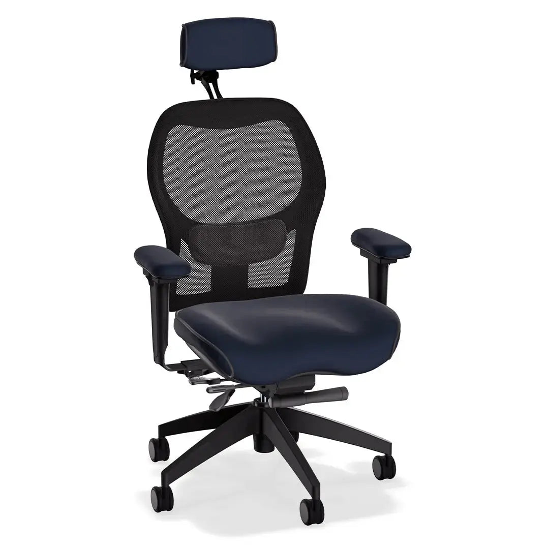 This deluxe ergonomic office chair features a breathable mesh backrest and contoured Tribeca dark blue leather seat and armrests. With its supportive lumbar design and adjustable functionality, it offers all-day comfort in a sleek, professional form.