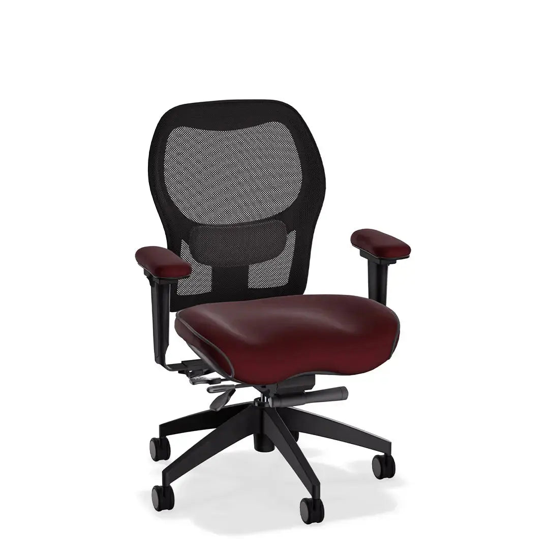This deluxe ergonomic office chair features a breathable mesh backrest and contoured Tribeca merlot leather seat and armrests. With its supportive lumbar design and adjustable functionality, it offers all-day comfort in a sleek, professional form.
