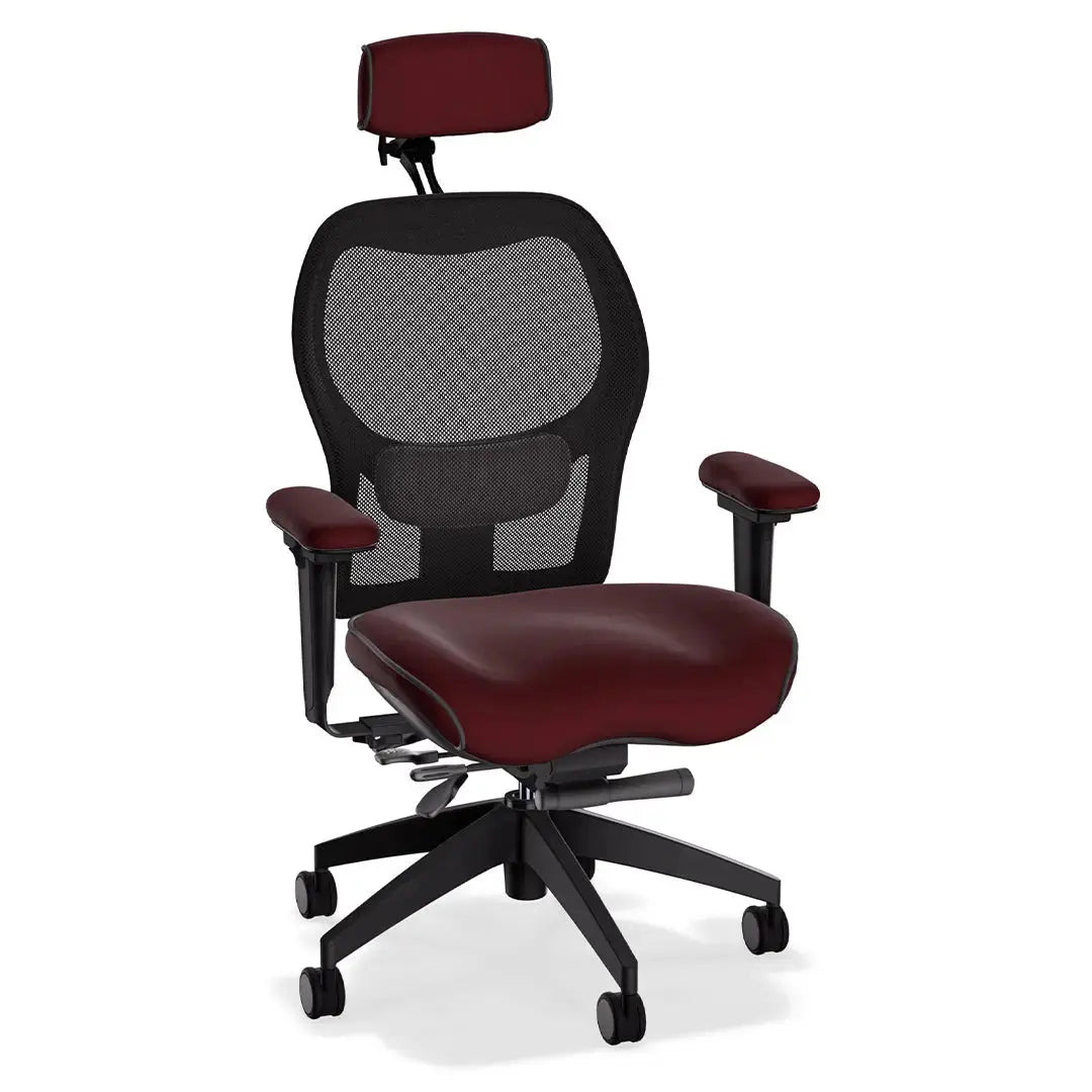 This deluxe ergonomic office chair features a breathable mesh backrest and contoured Tribeca merlot leather seat and armrests. With its supportive lumbar design and adjustable functionality, it offers all-day comfort in a sleek, professional form.
