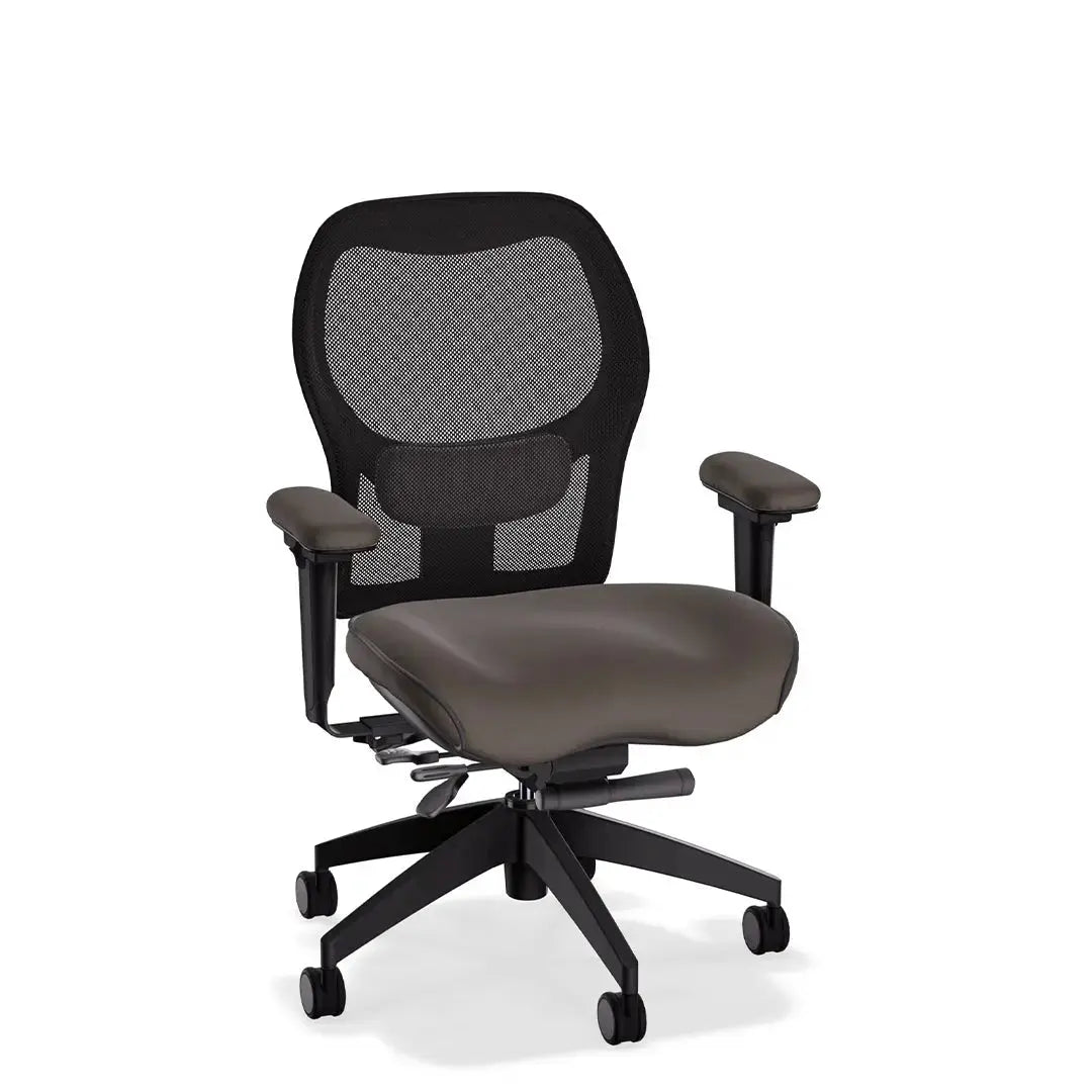 This deluxe ergonomic office chair features a breathable mesh backrest and contoured Tribeca grey leather seat and armrests. With its supportive lumbar design and adjustable functionality, it offers all-day comfort in a sleek, professional form.