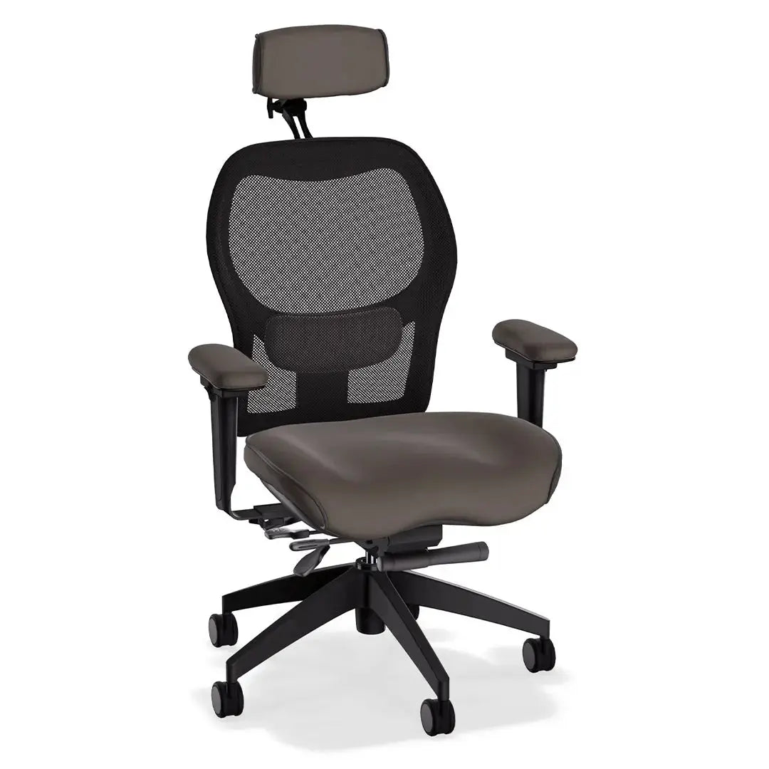 This deluxe ergonomic office chair features a breathable mesh backrest and contoured Tribeca grey leather seat and armrests. With its supportive lumbar design and adjustable functionality, it offers all-day comfort in a sleek, professional form.