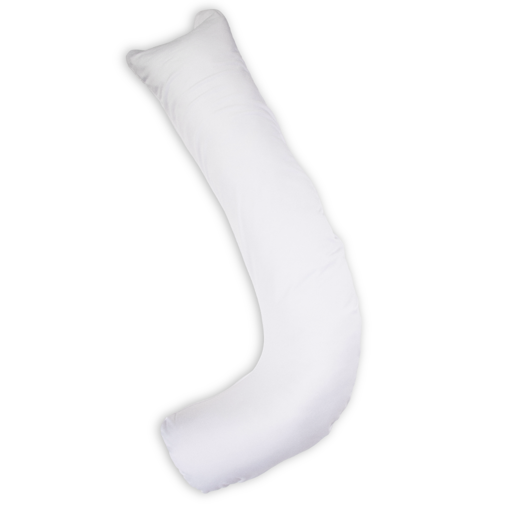 A white large j-shaped body pillow shown against a plain white background.