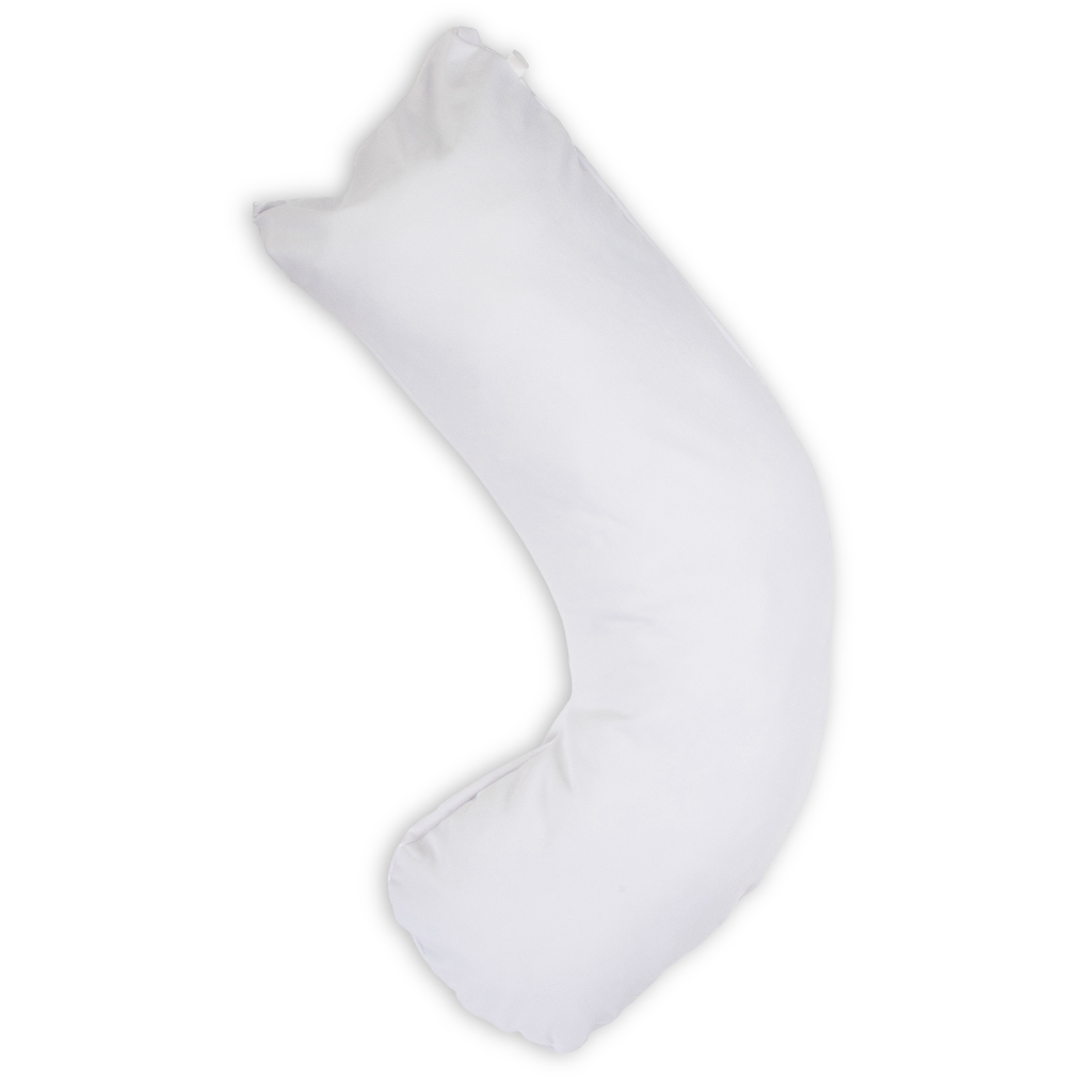 A white small j-shaped body pillow shown against a plain white background.