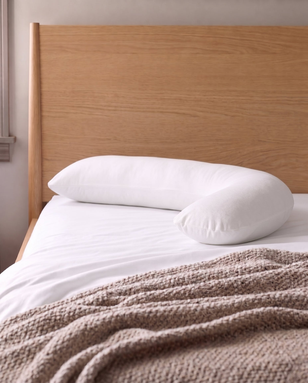 A white U-shaped pillow resting on a bed with white sheets and a light wood headboard, with a textured beige blanket in the foreground.