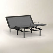 An adjustable electric bed frame with a black metal frame, featuring a dark gray textured mattress topper and a flat headboard panel, shown on a neutral light gray background.