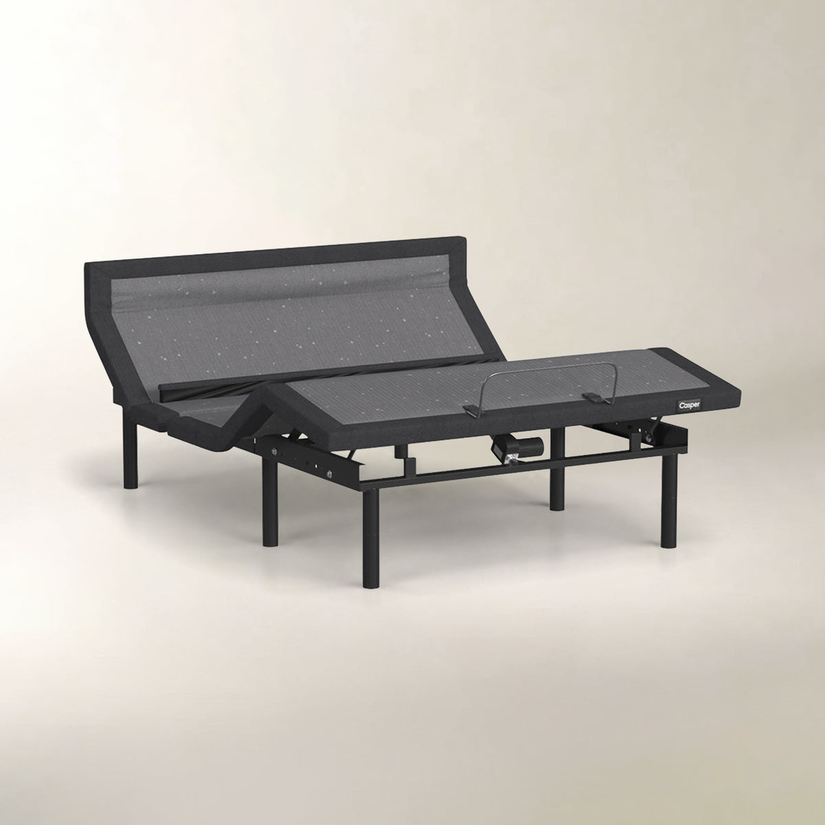 An adjustable electric bed frame with a black metal frame and dark gray mesh mattress, shown in a raised side-profile position on a light beige studio background.