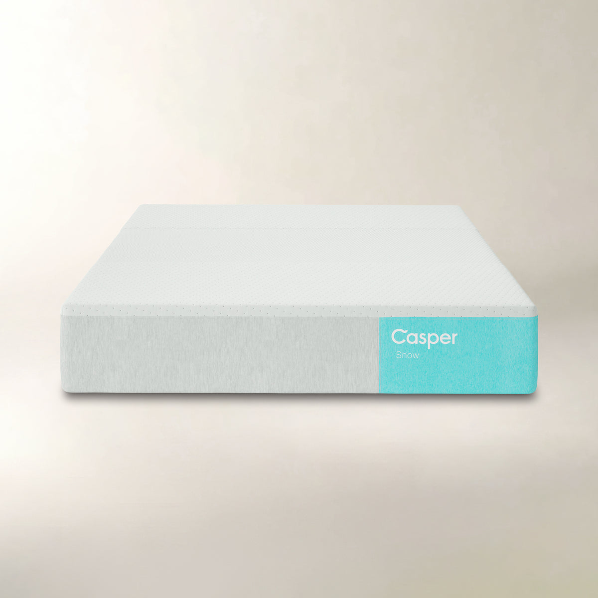A Casper mattress shown from a front three-quarter angle against a warm beige background. The mattress has a light gray textured cover with a bright turquoise blue side label displaying the 'Casper' brand name.
