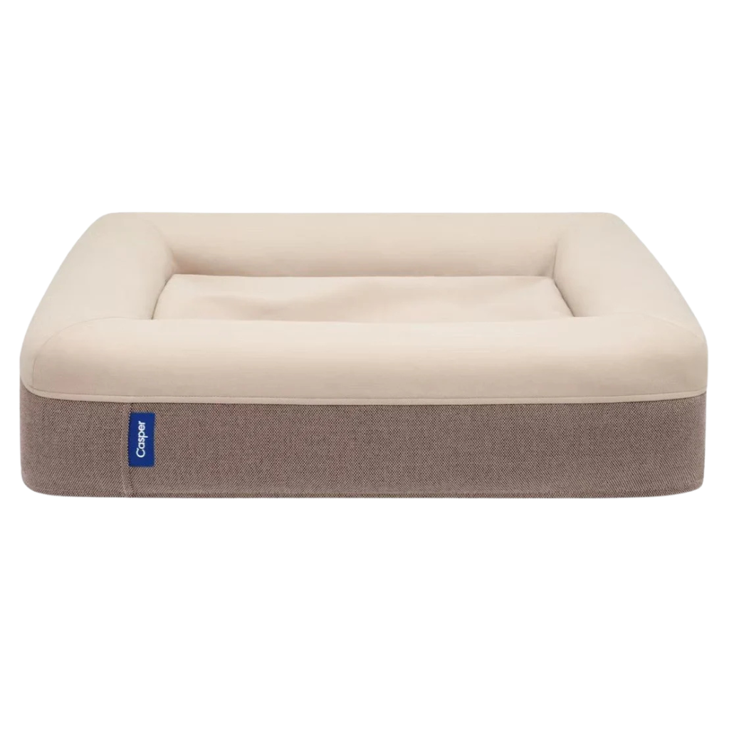 Beige pet bed with a blue logo on a white background