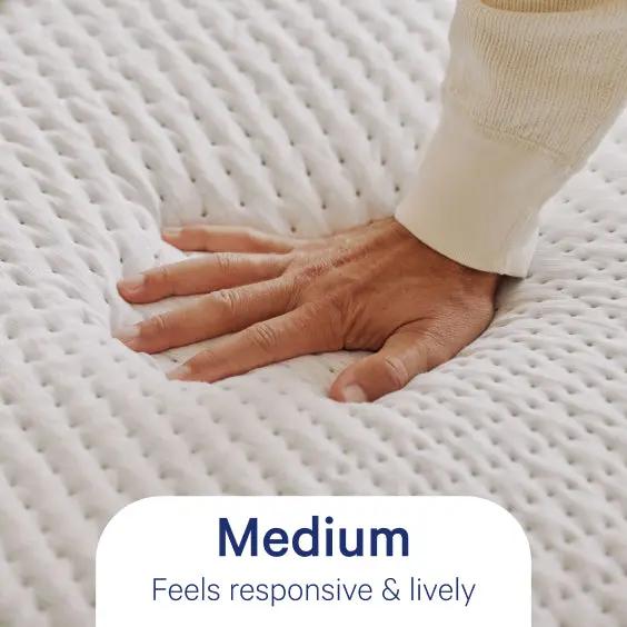Hand pressing into a textured mattress with 'Medium' label indicating feel and response.