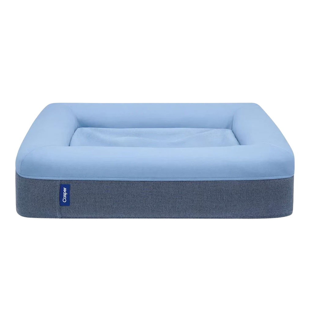 Blue pet bed with a gray base on a white background