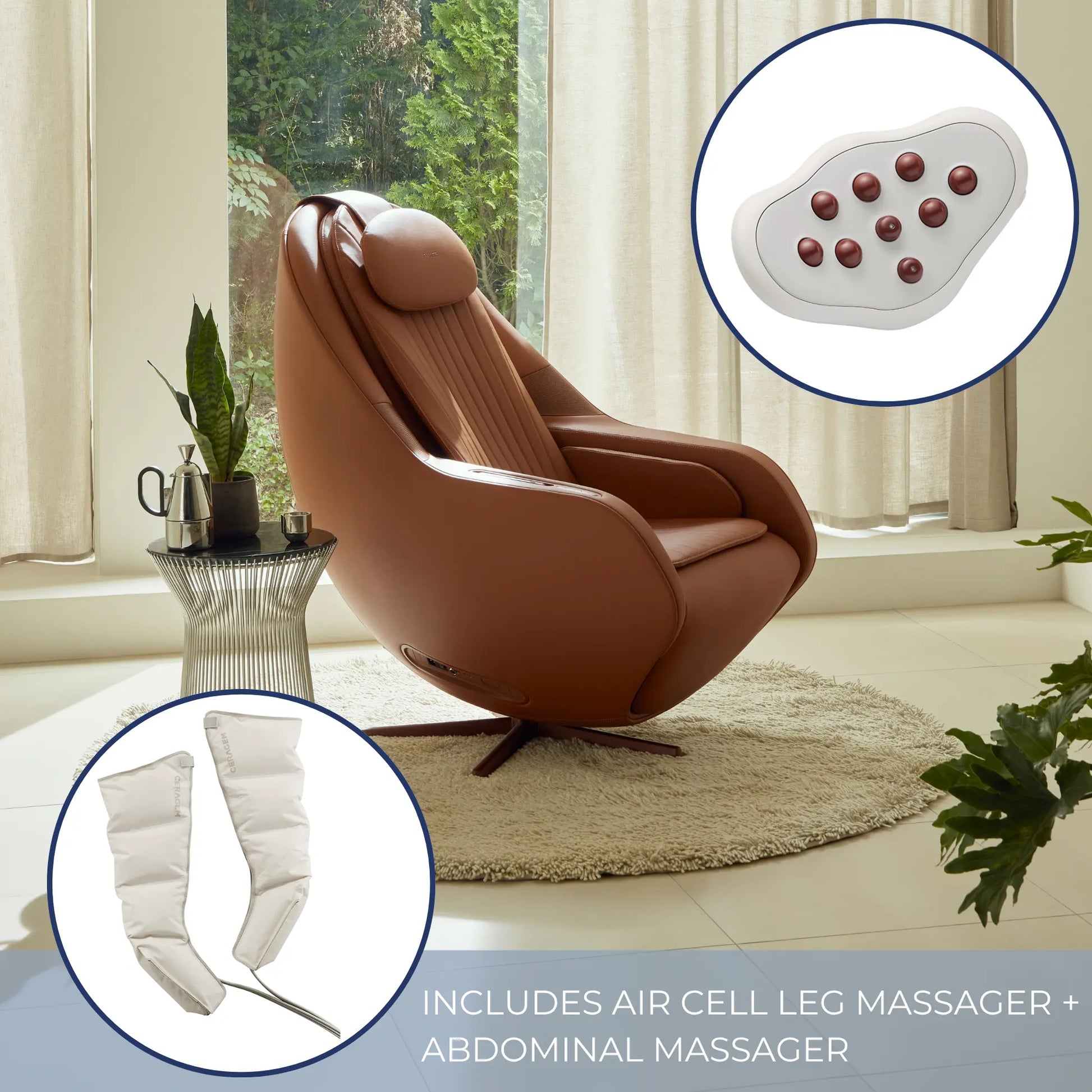 Brown massage chair in a room with a window, accompanied by insets of air cell leg massager and abdominal massager.
