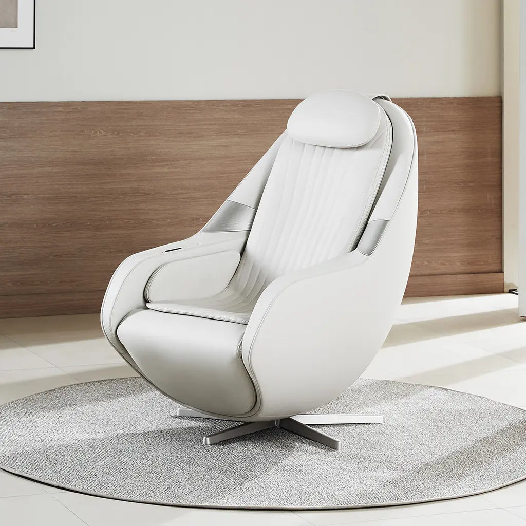 Modern white massage chair in a room with wooden paneling and a rug.