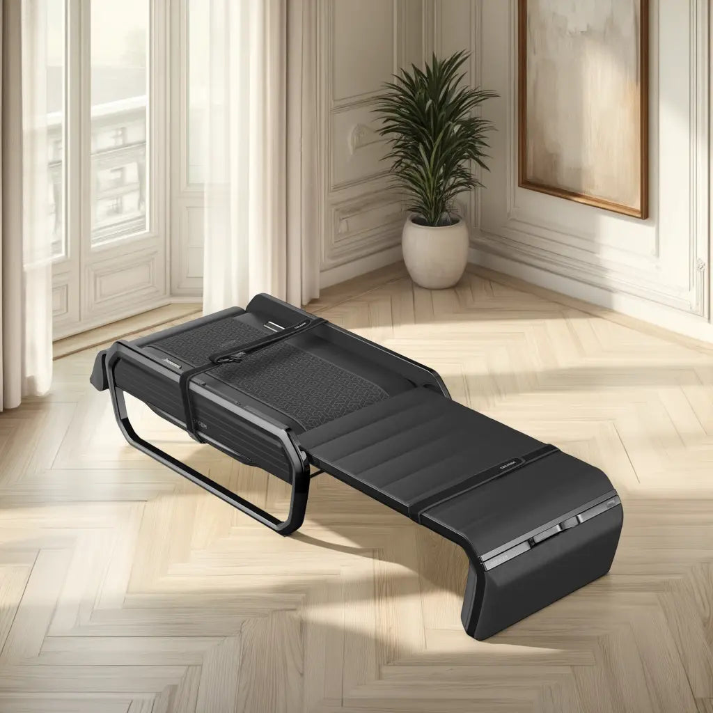 Ceragem V6 Thermal Massage Bed in a room setting with light wood floors, a plant in a neutral pot, white walls, and an abstract painting in a wood frame on the wall.