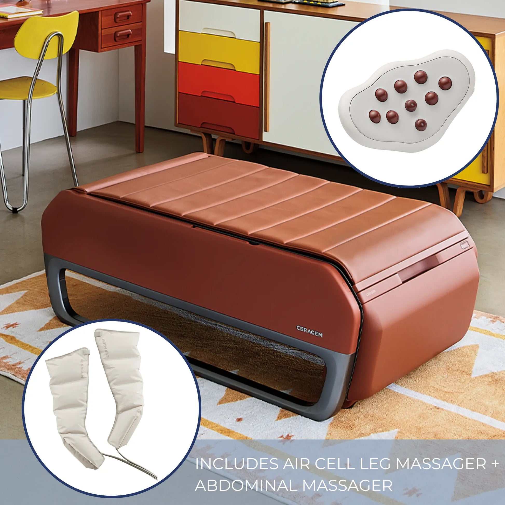 Brown massage bed with air cell leg and abdominal massager attachments in a room setting.