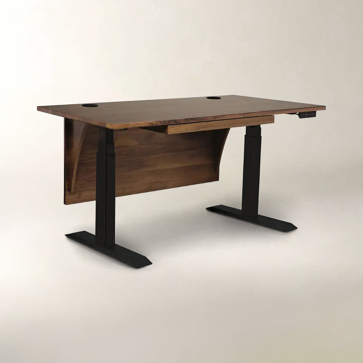 A modern standing desk with a dark brown wood grain top and black metal legs, shown on a neutral light gray background.