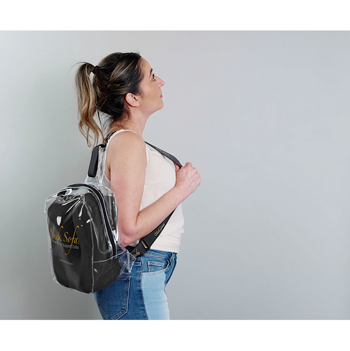 A woman wearing the Neck Sofa® Travel Neck Pillow in a clear bag.