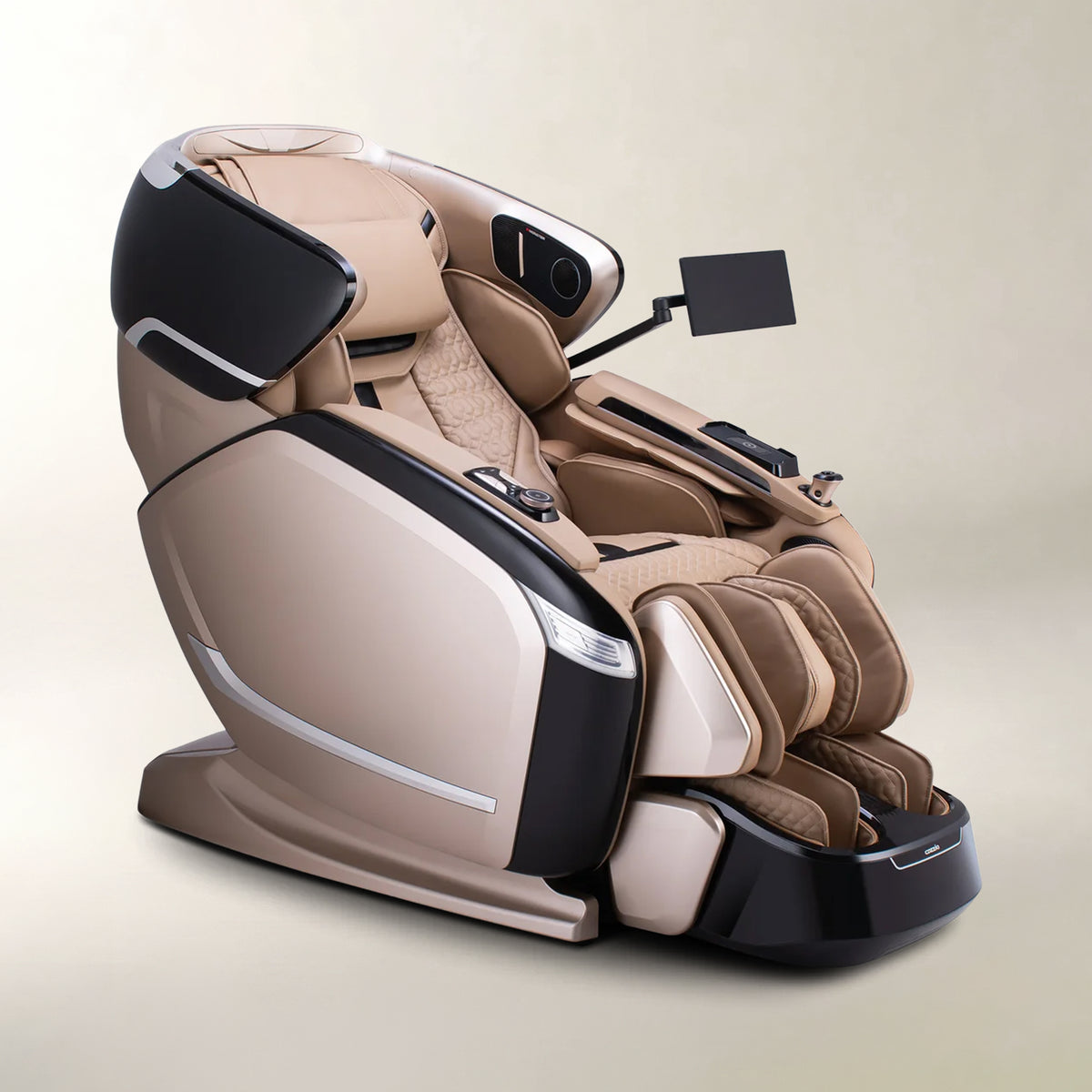 A modern automatic massage chair in beige and black, shown from a three-quarters angle on a light beige background.