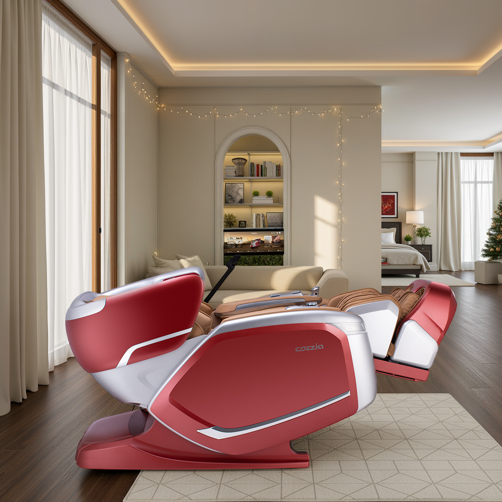 Red and white massage chair in a modern living room setting