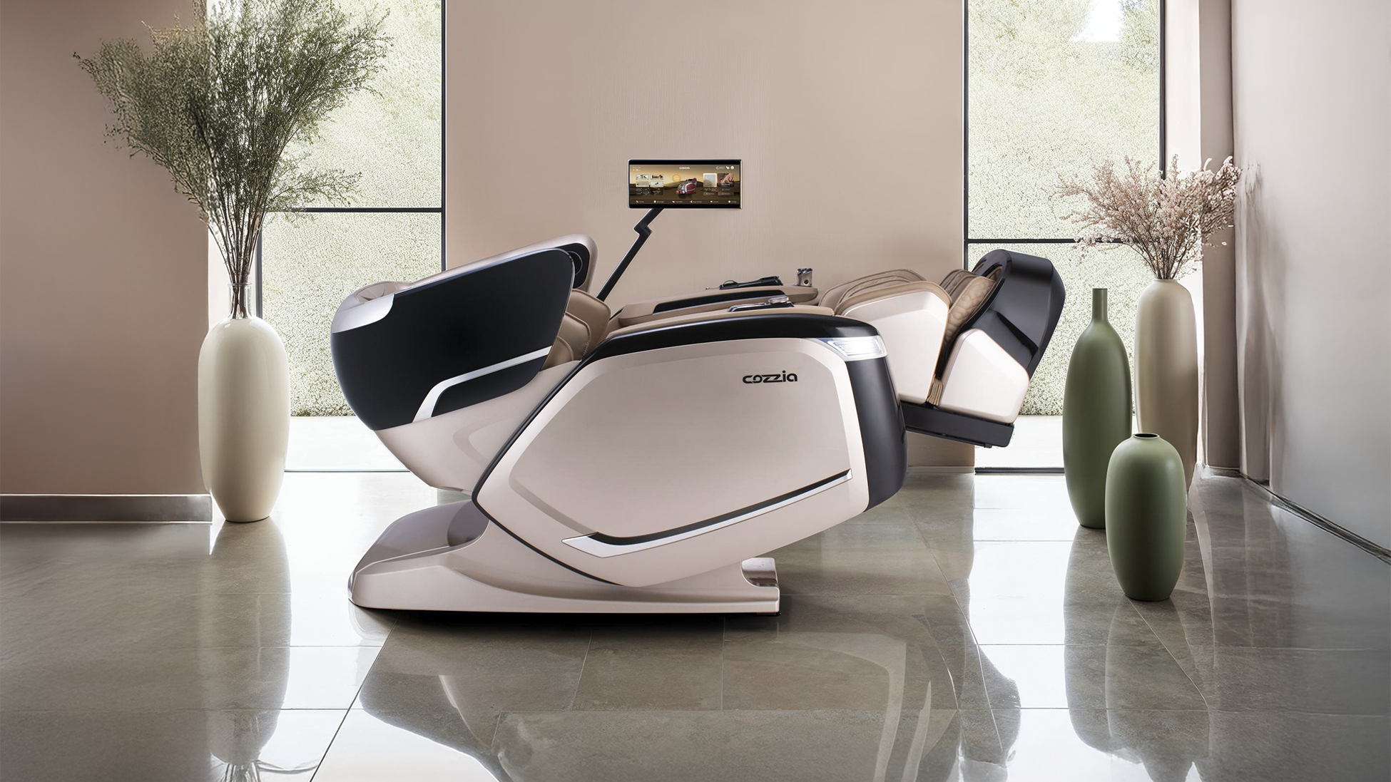 Massage chair in a modern room with large windows and decorative vases.