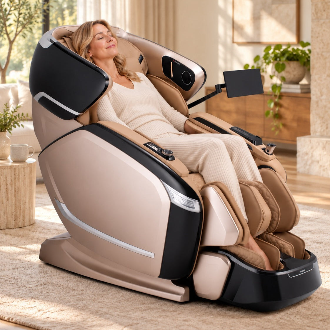 A woman reclines in a beige and black full-body massage chair in a bright, modern living room with warm sunlight and indoor plants.