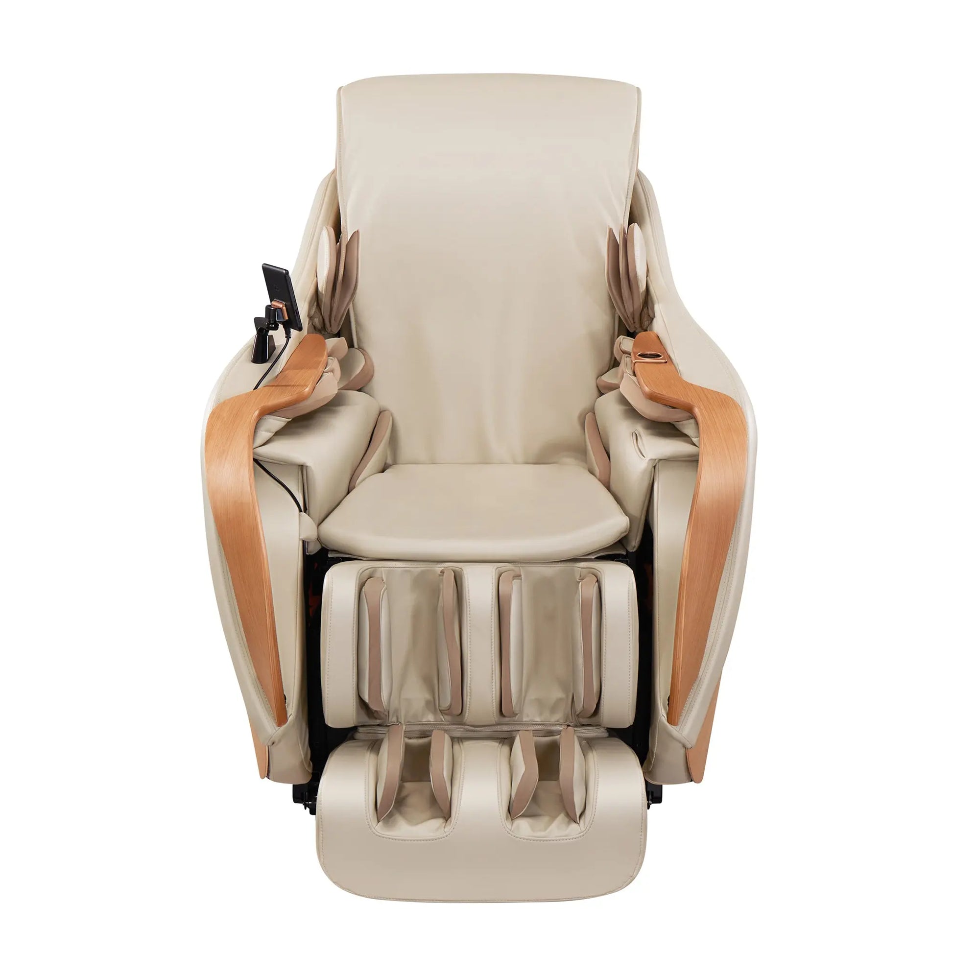 Beige massage chair with brown accents on a white background