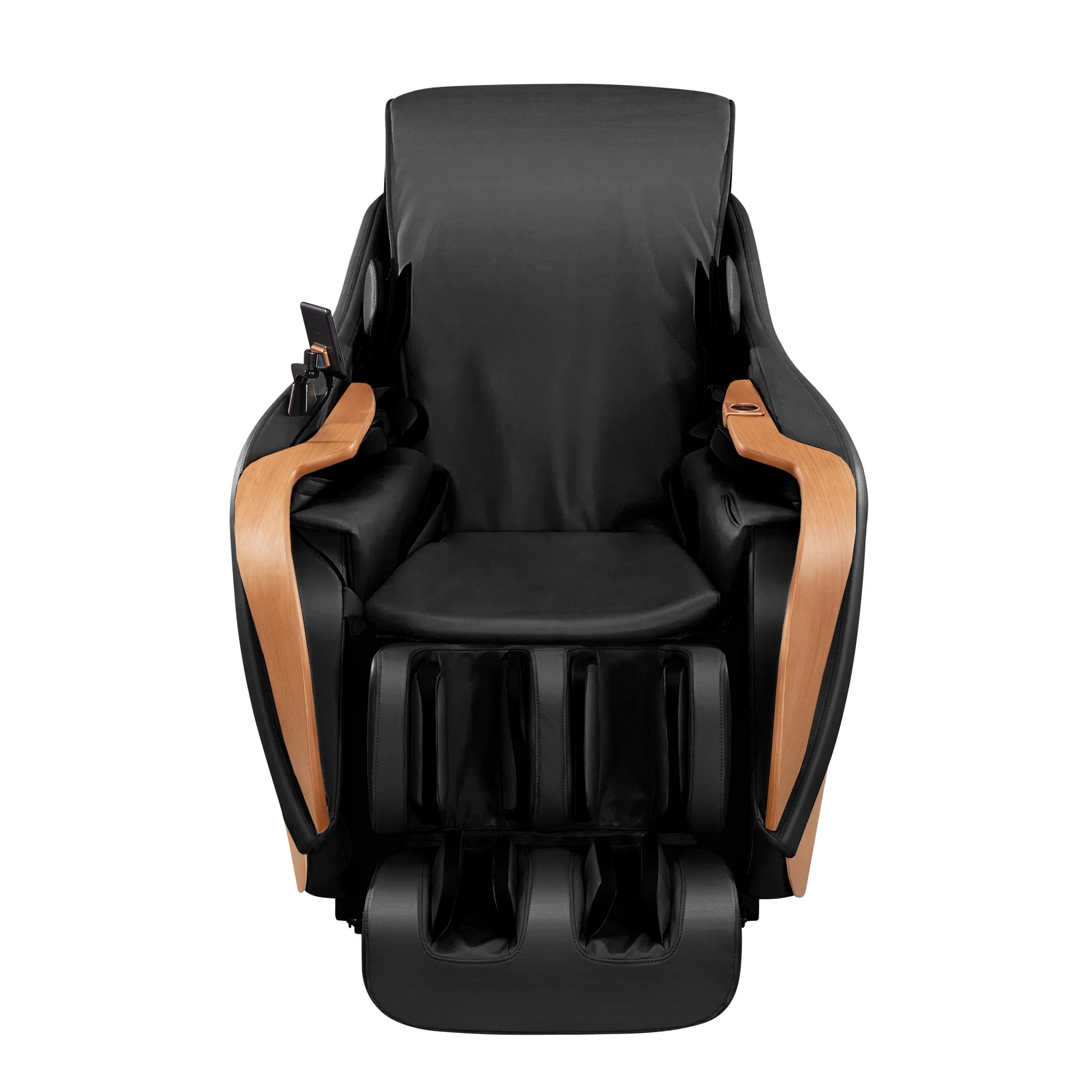Black massage chair with brown armrests on a white background