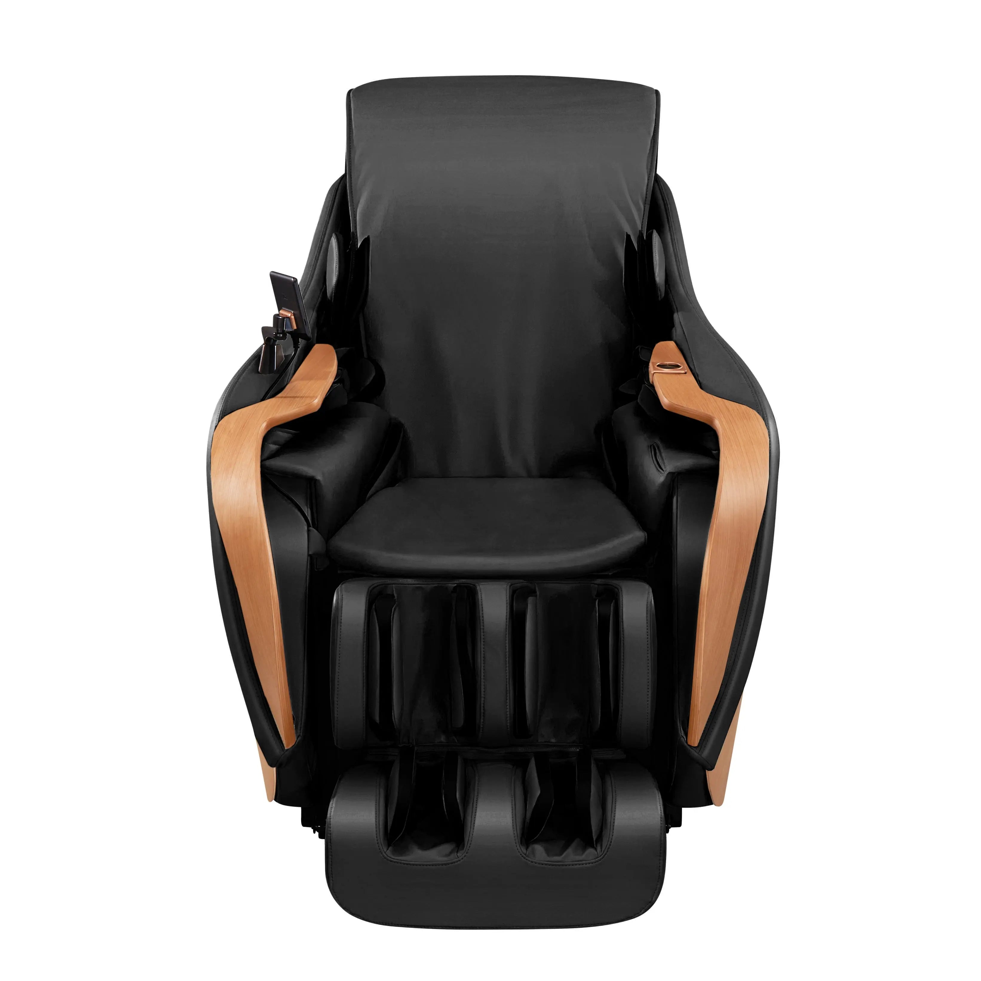 Black massage chair with brown armrests on a white background