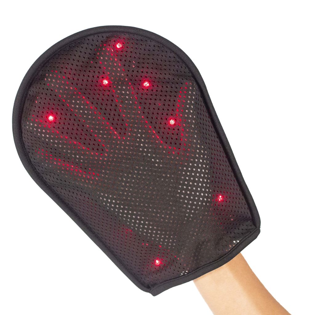 A black mesh hand red light therapy hand mitt with red LED lights glowing on a plain white background.